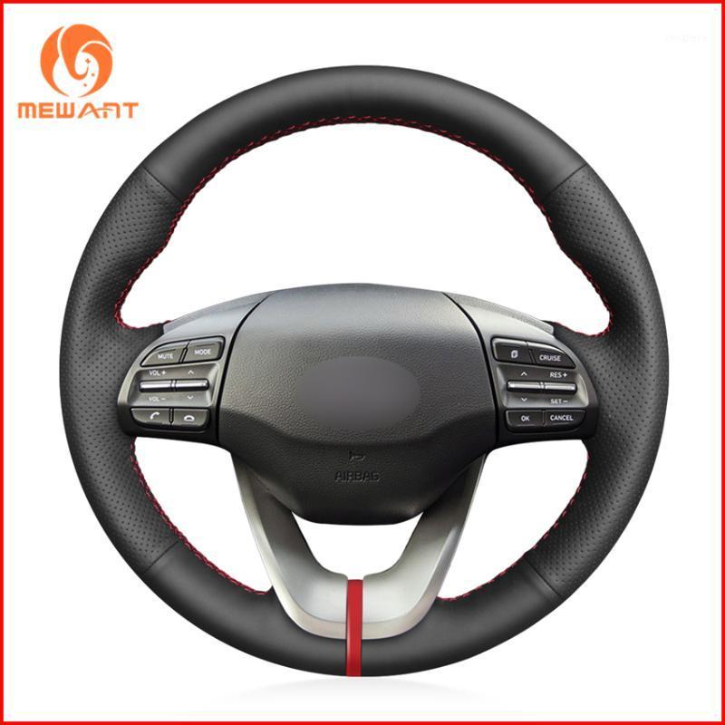 

MEWANT Black Genuine Leather Hand Sew Wrap Car Steering Wheel Cover for 2020 Veloster Accessories1