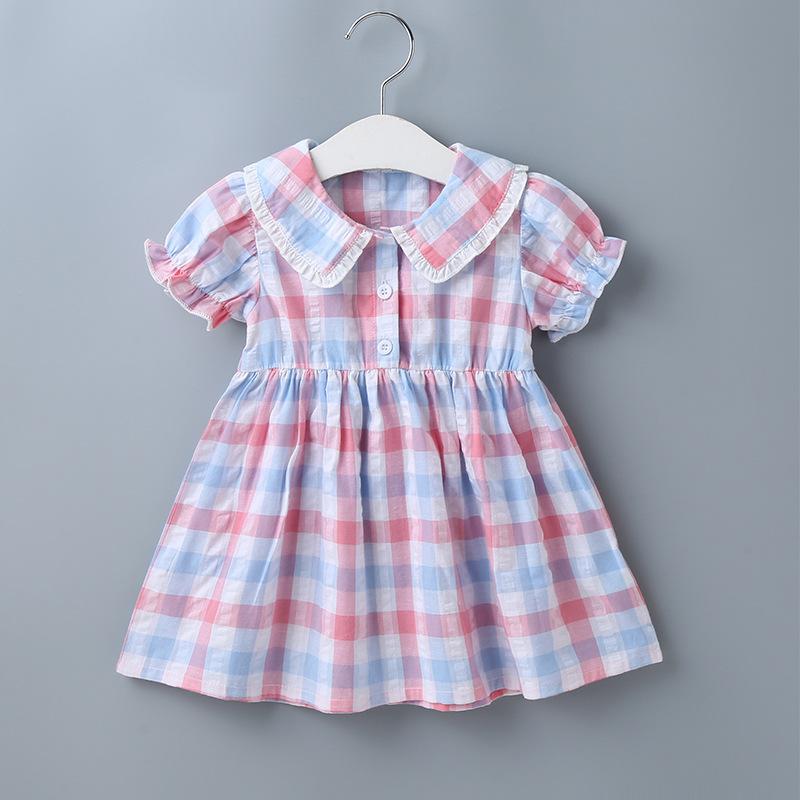 

Summer 2021 Girls Dress Girls Summer Cute Dress Cotton Turn-down Collar Pink and Blue Plaid Single Breaste A-line Vestidos
