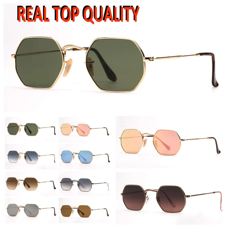 

Womens fashion Mens Sunglasses Octagonal Flat Metal Sun glass ray lenses with leather case for Christmas Gift
