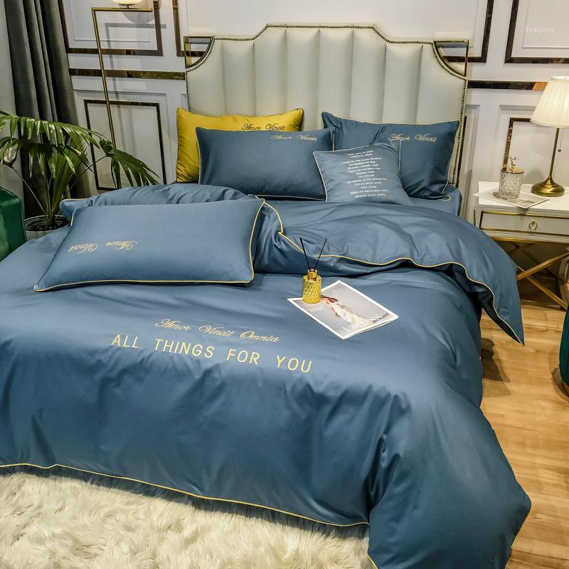 

Luxury Egyptian cotton Bedding Set Solid color embroidery Bed set Duvet Cover Bed Sheet spread flat sheet pillowcases1