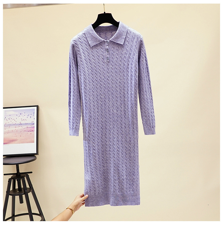 

2021 New Oversized Long Knitted Women Maxi Polo Turn Down Collar Pullover Sweater Dress Casual Loose Baggy Midi Dresses Evq5, Purple