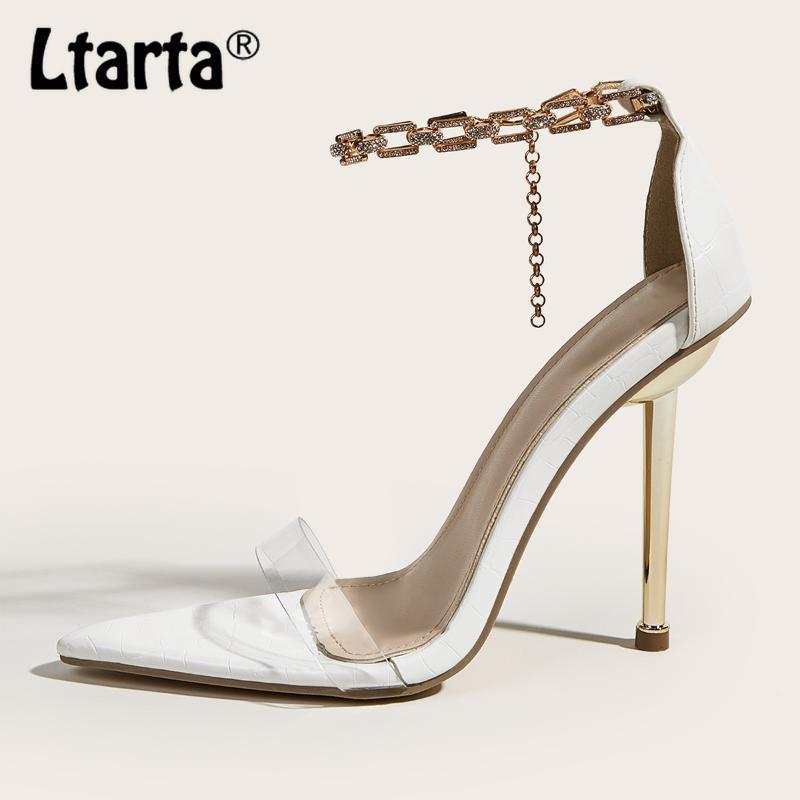 

LTARTA 35-42 Plus Size Large Size Belt Pointed Toe Rhinestone Heel Stiletto Heel High Sandals das mulheres -222-20a1, White