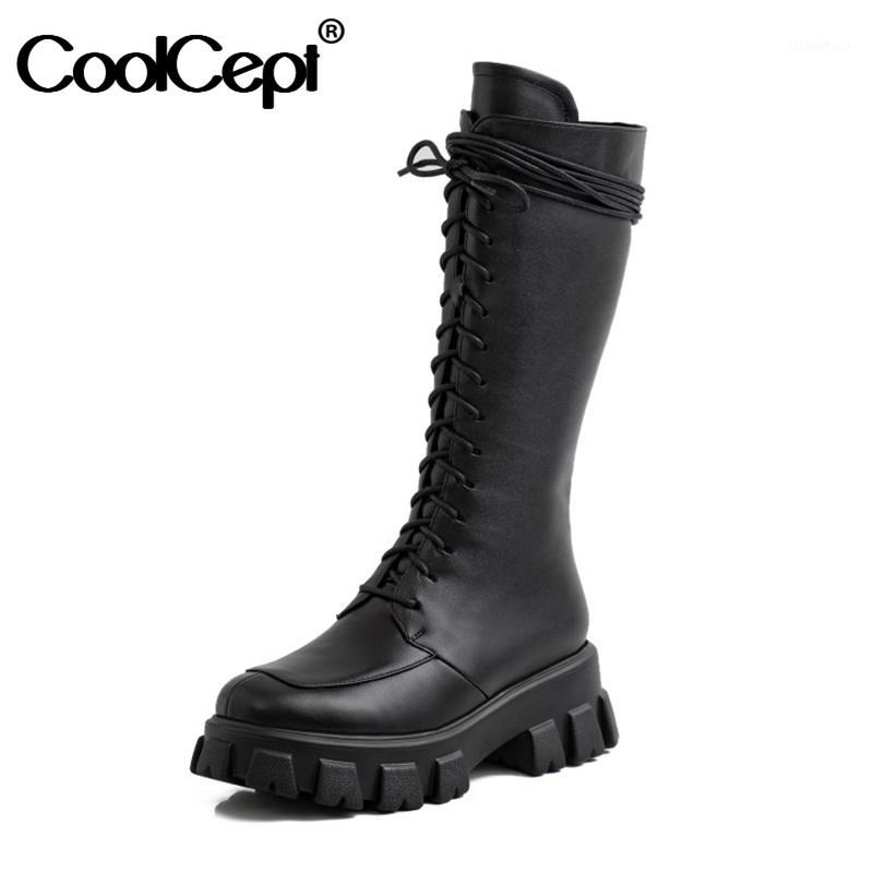 

CoolCept Women Knee High Boots Real Leather Band Zipper Long Boots Woman Fashion Cool Winter Shoes Footwear Size 34-391, Black