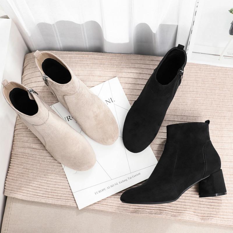 

Square High Heels Boots Women Warm Plush Fur Lining Solid Black Round Toe Metal Buckle 2020 Winter Women's Shoes Boots, 1910-1-beige