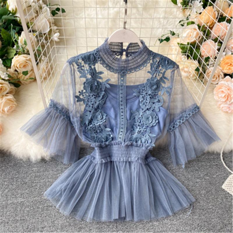 

Women's Blouses & Shirts Korean Mesh Blouse Women Sweet Stand Neck Flare Sleeve Blusa Summer 2022 Fashion Elegant Slim Waist Female Tops ZY5, White