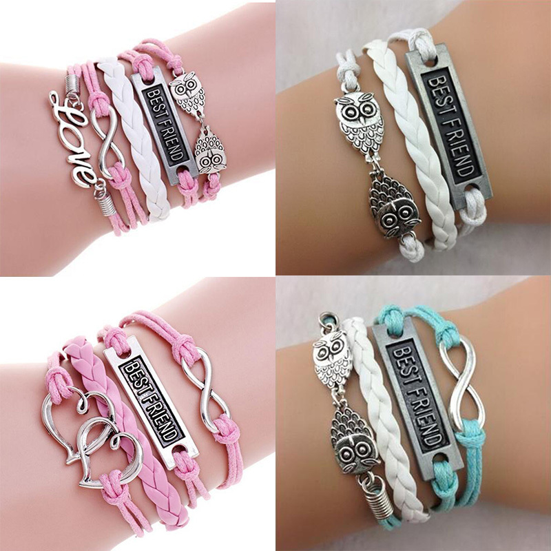 

Best Friend Double Owl Heart Love Charm Wrap Bracelets Braid Gifts for Women Men Girl Bracelet Jewelry