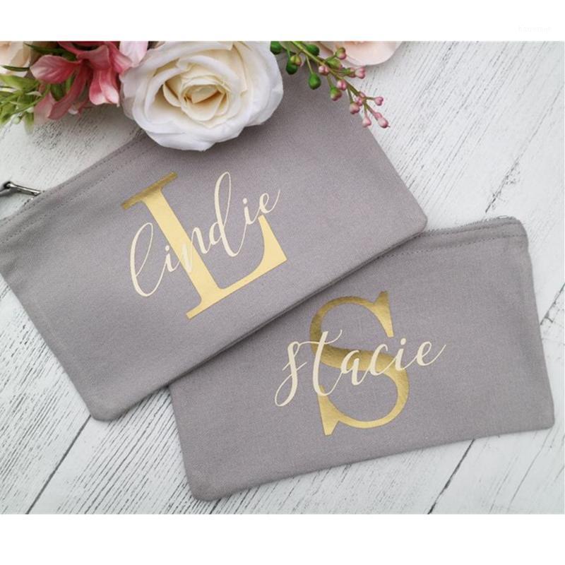 

Personalized Bridesmaid Pouch Makeup Bag team bride Cosmetic Bags Make up Organizer Toiletry Bag Gold Canvas bridal shower gift1