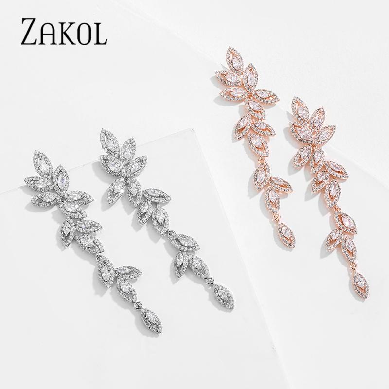 

ZAKOL Fashion Poland CZ Leaf Wedding Jewelry Marquise Cubic Zirconia Long Dangle Bridal Earrings for Elegant Women FSEP5029
