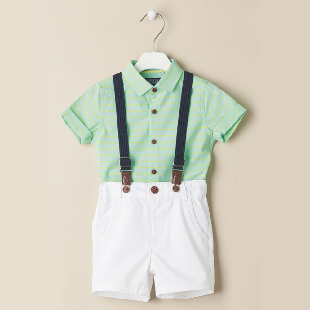 

Summer Baby Boys New Set Kids Short Sleeve Tops Shirt + Suspender Shorts 2pcs Set Children Outfits Clothing Suit, Box package has no product