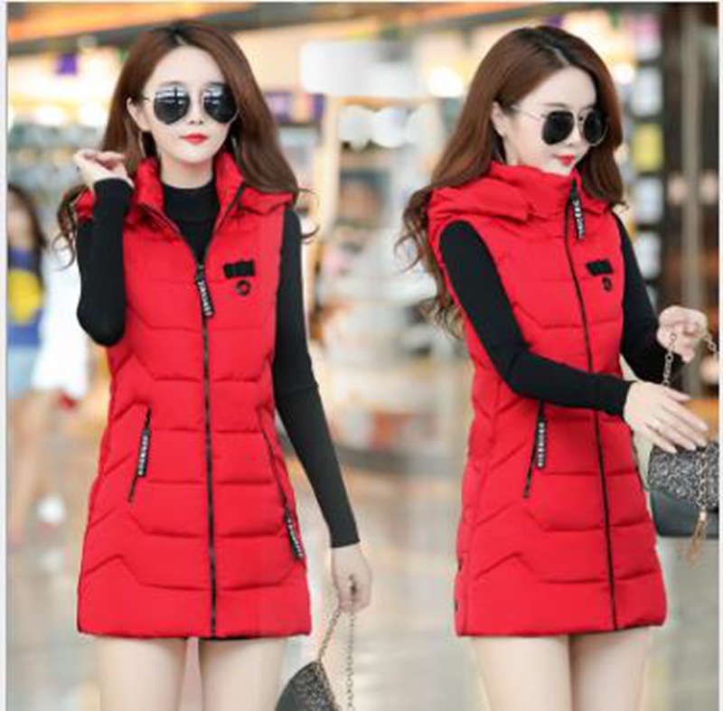 

Wholesale fashion new women's autumn and winter vest mid-length slim hooded sleeveless cotton waistcoat, Watermelon red