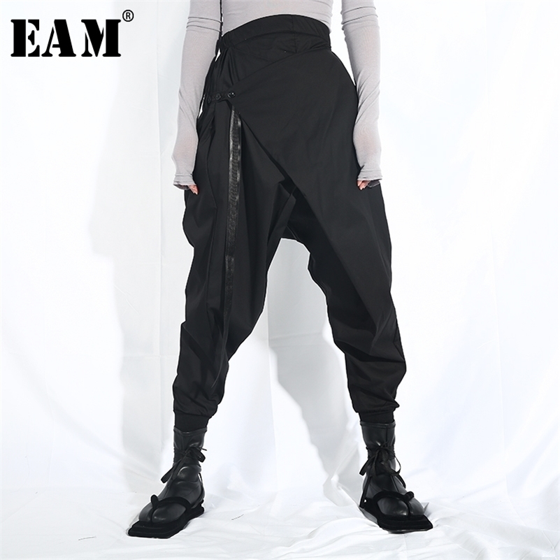 

[EAM] New Spring Autumn High Elastic Waist Loose Black Ribbon Split Joint Harem Pants Women Trousers Fashion Tide LA98 201109