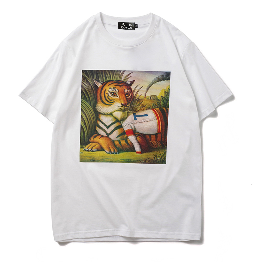 

Museum Series Tiger Print Cotton Short Sleeve Men's Cartoon Parttern T-shirt Women Shirts|streetwear Tbgz, White