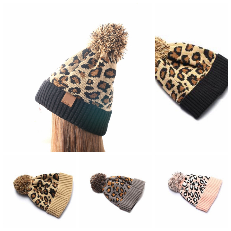 

Leopard Animal Print Knit Faux Fur Pompom Winter Beanie Hat Womens Warm Knit Faux Fur Pom Hat LJJK2495, With logo