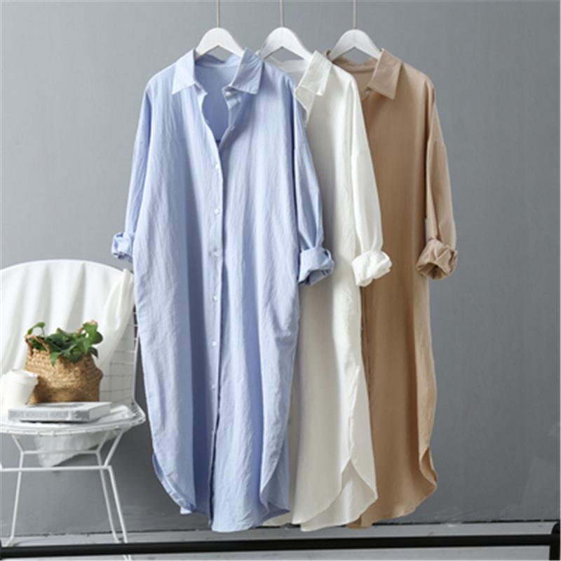 

Women's Blouses & Shirts Korean Cotton Women Blouse Shirt 2022 Summer Linen Cottons Casual Plus Size Womans Long Section White Blue ZY5515