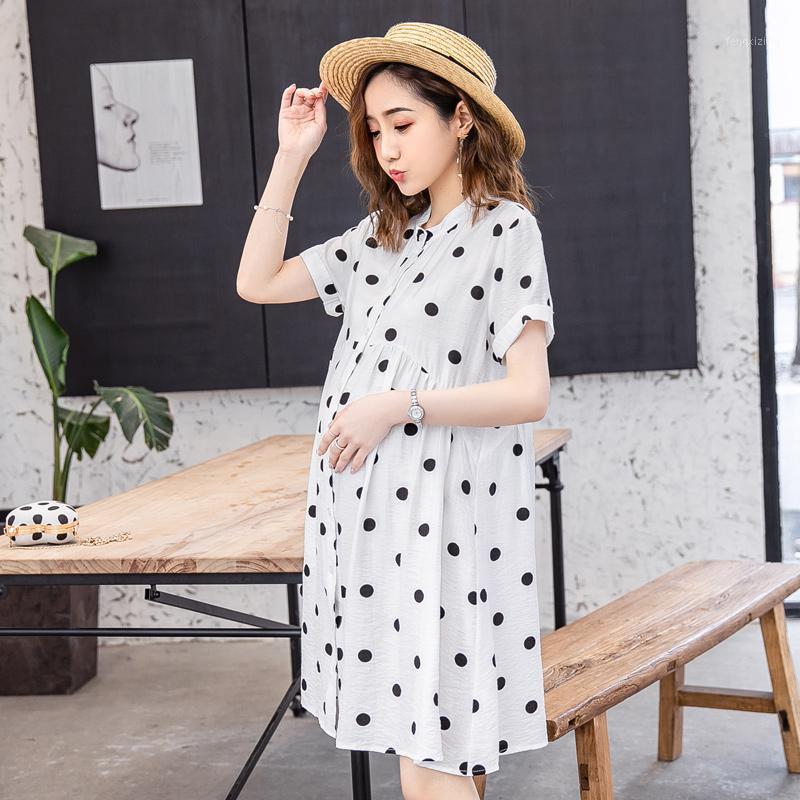 

8817# 2021 Summer Korean Fashion Maternity Dress Dot Printed Cotton Clothes for Pregnant Women Sweet Chic Loose Pregnancy Dress1, White