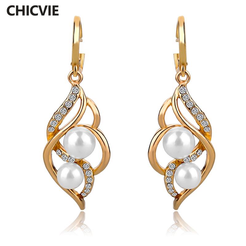 

CHICVIE Gold Color Love Drop Earrings Fashion Jewelry Simulated Pearl Statement Dangle Earrings For Women Gifts SER140229