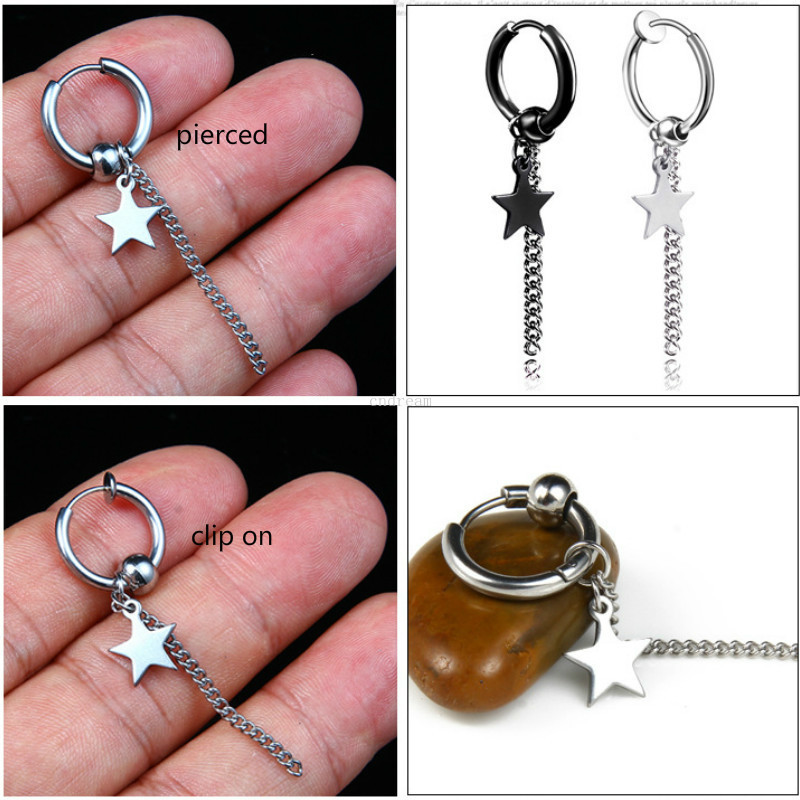 

Stainless steel pentagram dangle chain tassel earrings clip on hoop ear rings women men hip hop fashion jewelry will and sandy, Silver