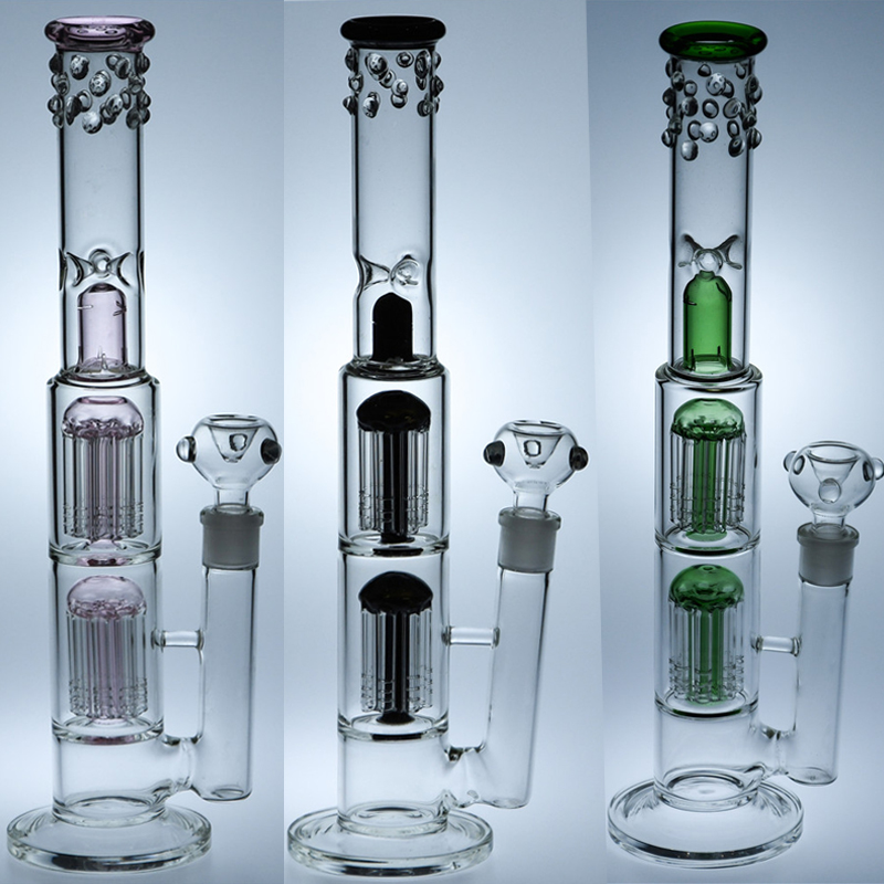 

Colorful Tube Bong Double Arm Tree Perc Glass Bong Recycler Dab Rig Ice Notches Smoking Hookah 18mm Joint Bowl Glass Water Bongs