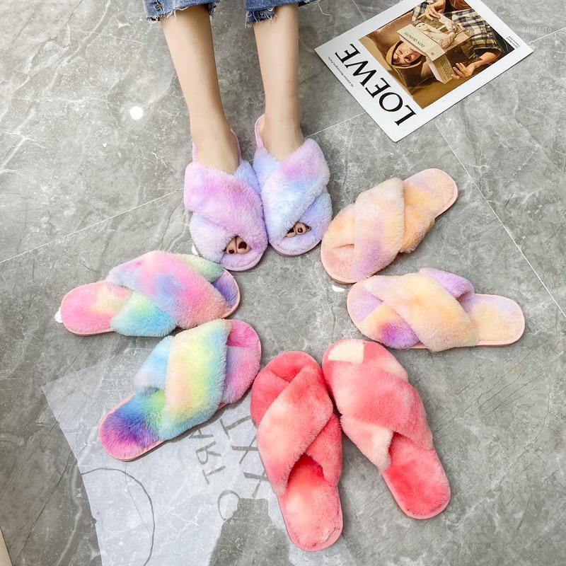 

Women Sides Fur Rainbow Color Slip On Indoor Outdoor Fashion Flats for Girls Comfortable Ins Female Slides1, Blue