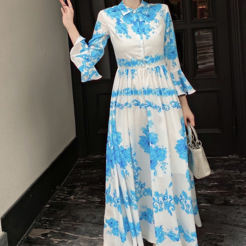 

2021 New Autumn Style Retro Burnt Impression Sleeve Elegant Party Long Temper Dress High Quality Women's Clothes 7tep, Blue