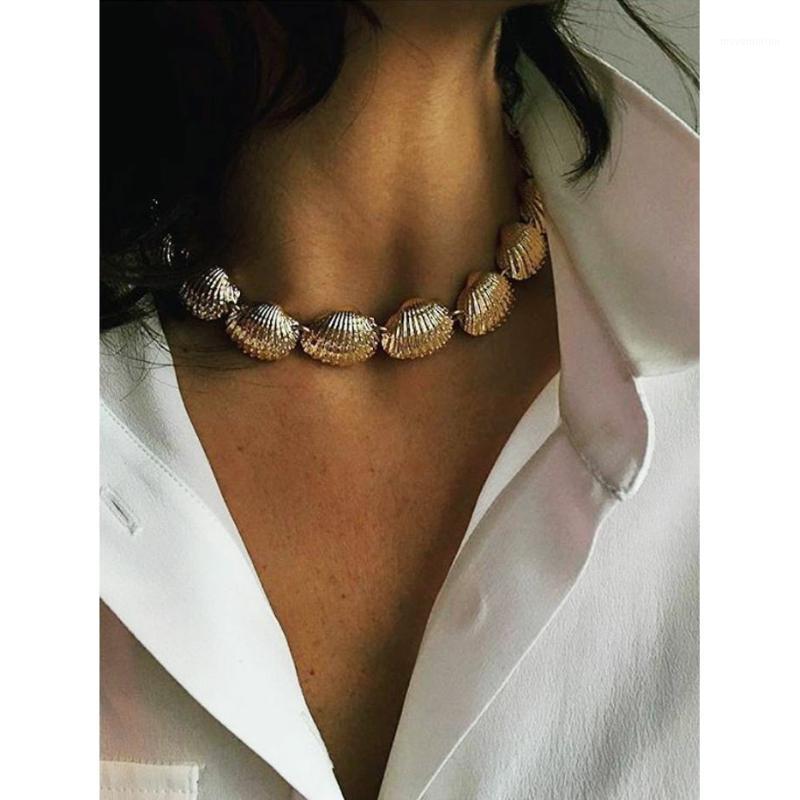 

Gold color Choker Necklace for women 1 Layer full alloy shells Pendant Chain Necklaces & Pendants velvet chokers Fashion Jewelry1