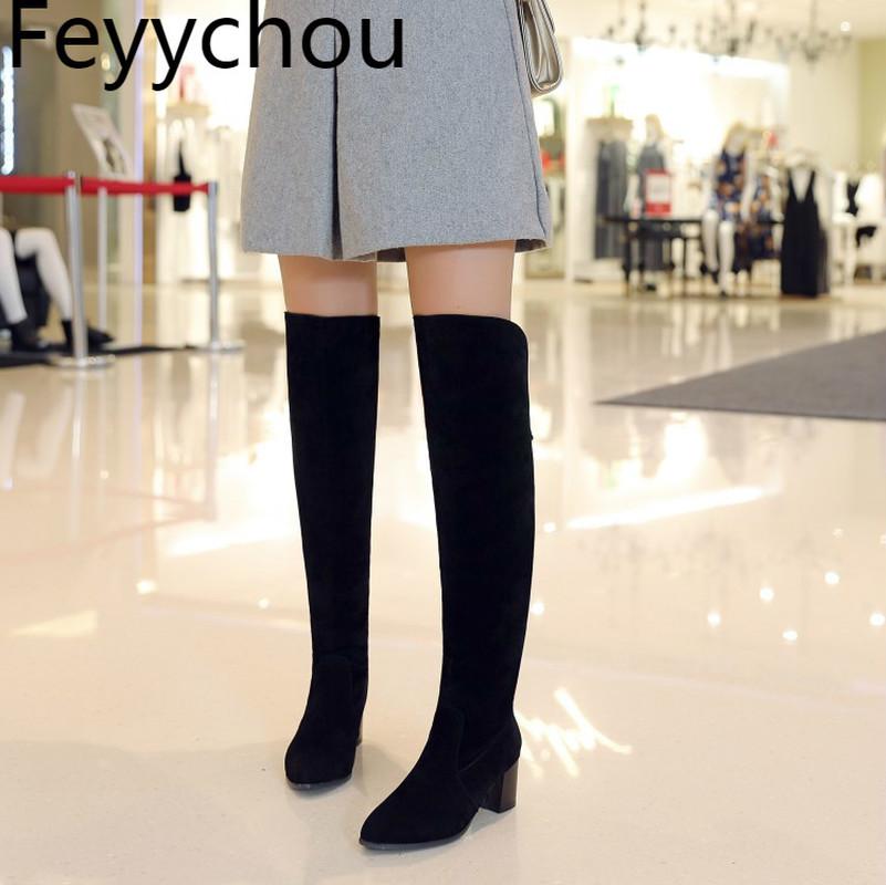 

Women Boots Autumn Winter Warm Plush High-heeled 2020 Sexy New Fashion Flock Over The Knee Boots Black Gray Brown Shoes