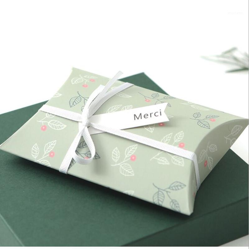 

New hot sale 10pcs yellow /green color pillow box 14x10x2.8cm DIY gift package some leaves print box put chocolate and candy1