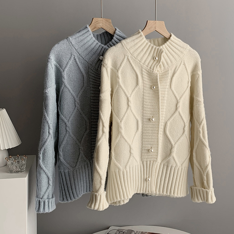 

New 2021 Spring Round Collar Knitted-out Female Single Button Beige Negligee Cardigans W2xu, Brown