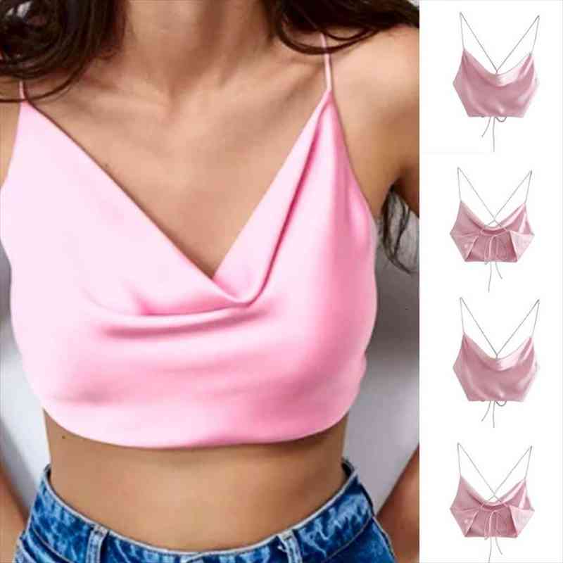 

Women Satin Halter Camisole Sexy Spaghetti Strap Crop Top Lace-up Backless Vest, White