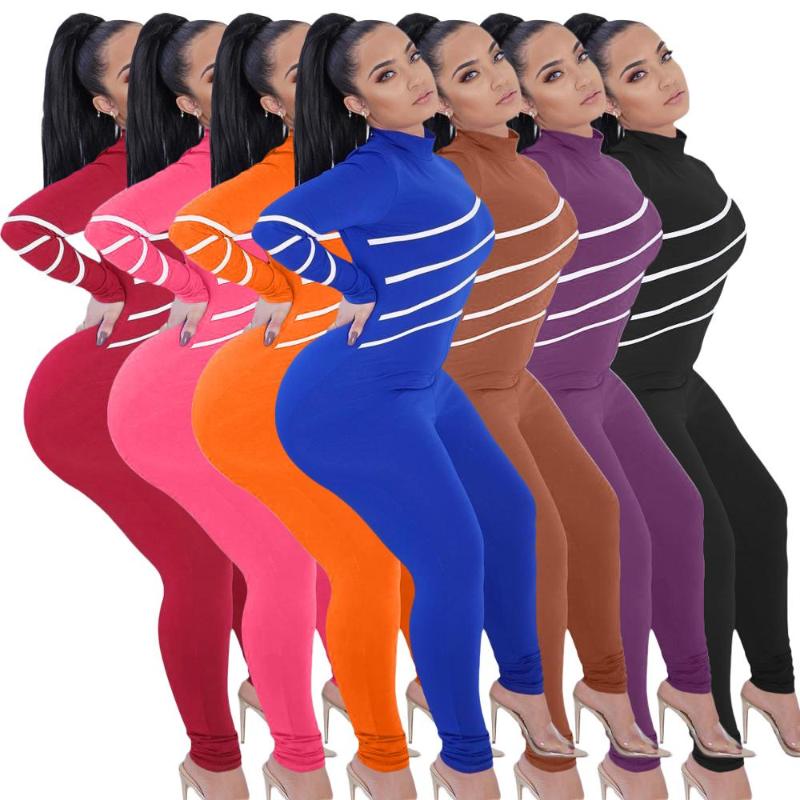 

Striped Patchwork Rompers Womens Jumpsuit High Necked Long Sleeve Skinny Bodysuits Streetwear Stretchy Skinny Slim Overall, Black