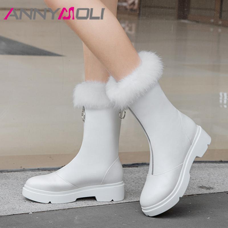 

ANNYMOLI Woman Boots Flat Platform Ankle Boots Round Toe Short Zipper Ladies Shoes Fur Autumn Winter White Red Big Size 40