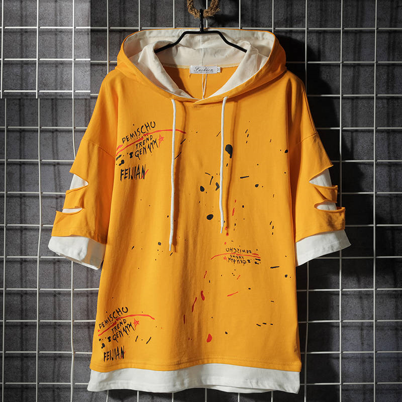 

Hip Hop Hooded T-shirts Men Women Korean Harajuku Oversized Tops Tee Shirts Fashion Hole T Shirt Casual High Street T Shirts Boy, Yellow