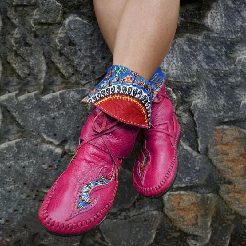 

New Women Mid Calf Boots Pu Leather Ethnic Style Printed Ladies Flat Shoes Lace Up Sewing Platform Western Female Boots, Brown