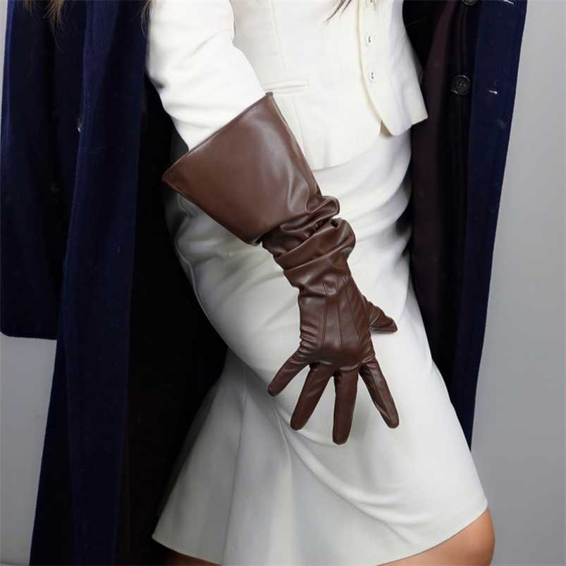 

Long Leather Gloves Female 50cm Loose Big Sleeve Faux Leather PU Gloves Coffee Dark Brown Women WPU315 220112
