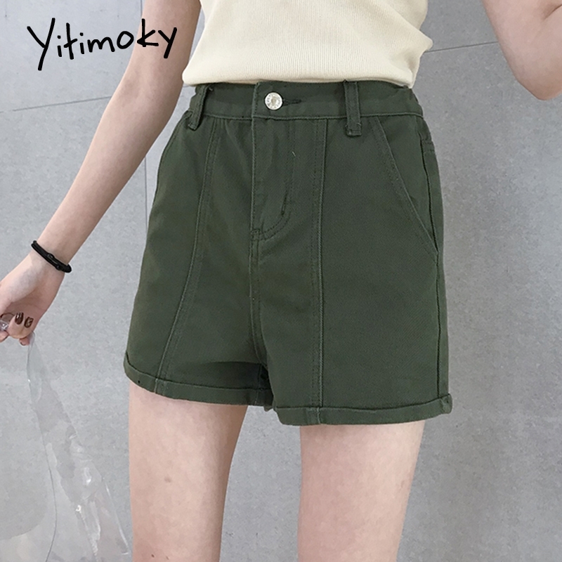 

Denim Shorts Women Army Green Women Short Jeans Khaki Slim Elastic Waist Vintage High Waist Shorts Women Summer Streetwear Y200822