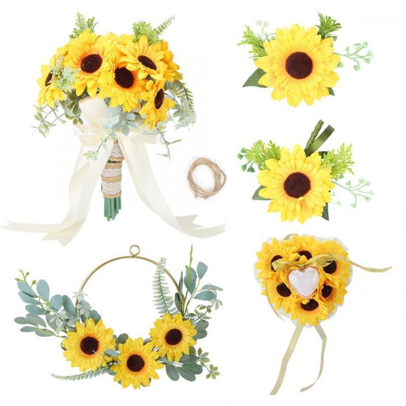 

Bridal Artificial Bouquet Ring Pillow Flower Brooch Round Wreath Set for Needlework Wedding Supplies1, Yellow