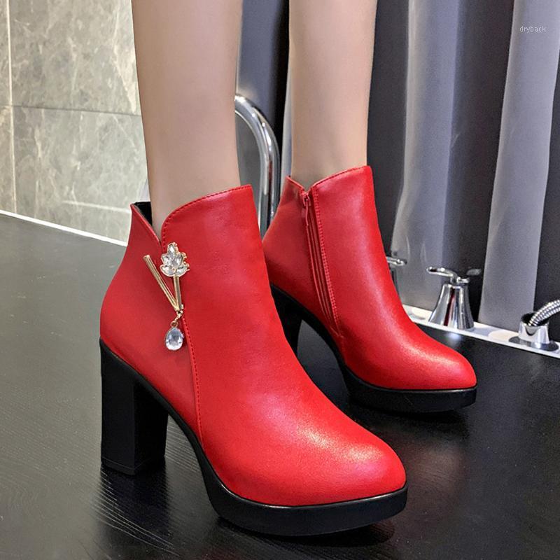 

Winter Ankle Boots For Women Motorcycle Boots Chunky Heels Casual Zipper Pointed Toe Platform Shoes Female Dressing Bootie1, Rd