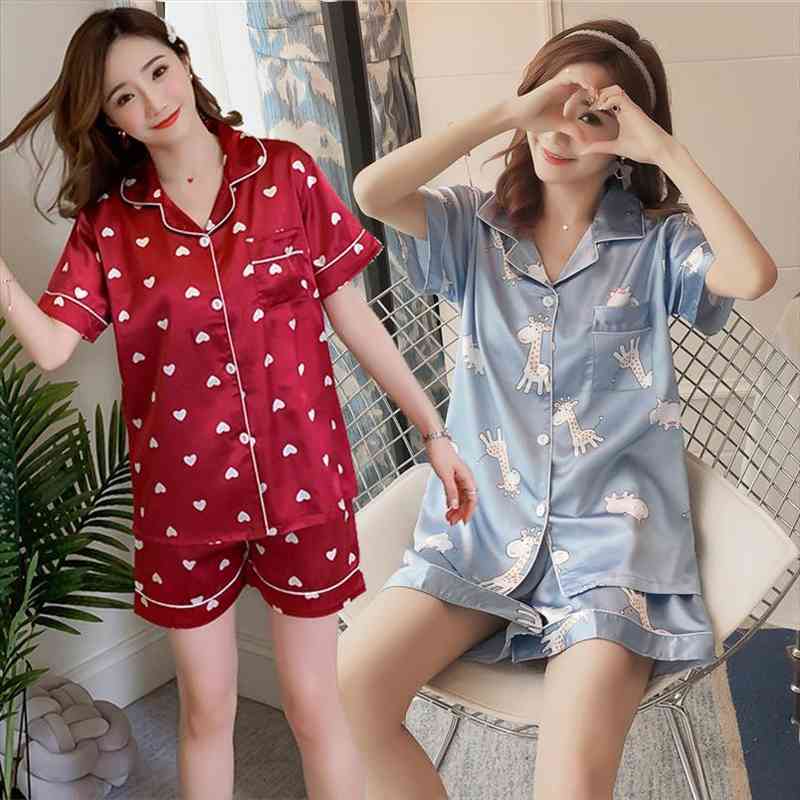 

Summer Short Sleeve Silk Satin Print Pajamas Sets For Women Shorts Sleepwear Femme Loungewear Homewear Pijama Mujer Clothes, Black;red