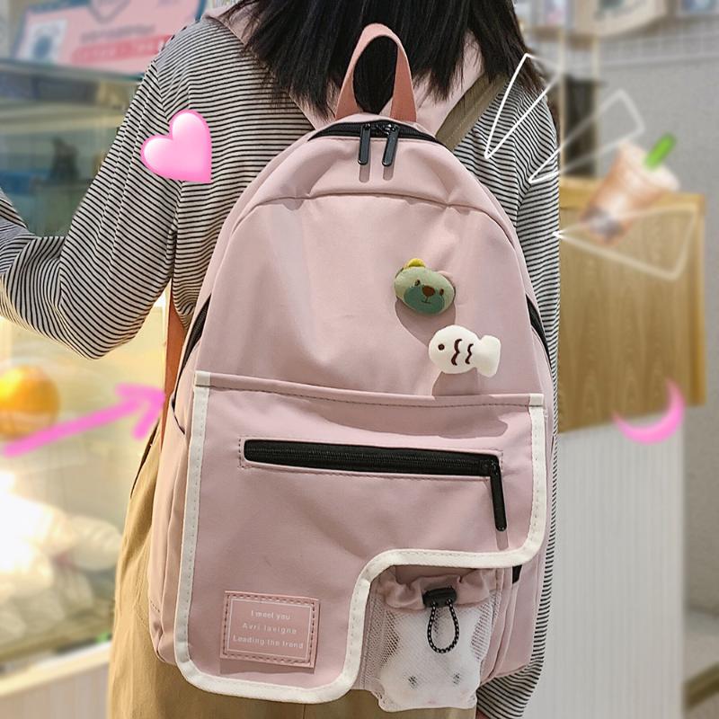 

Girl College Student Backpack Cute Book Women School Bag Lady Toy Brooch Backpack Kawaii Female Waterproof Nylon Net Bag Fashion, Black