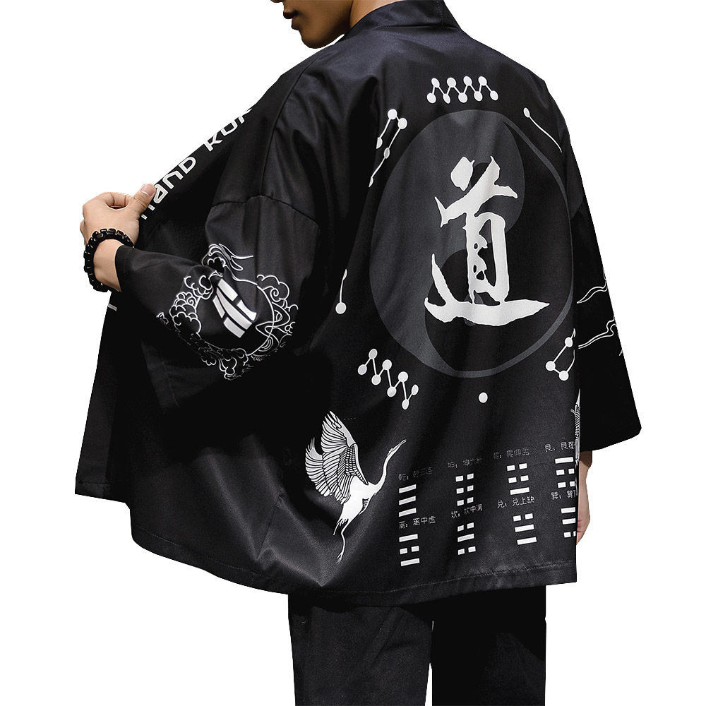 

Traditional Kimono Yukata Short High-quality Cardigan Robe Large Male Cape 3/4 Sleeve Shirt Ujp9, Black carp