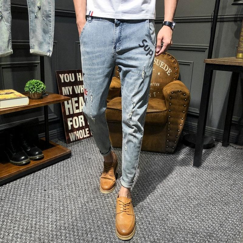 

Nice Spring Korean Version Of The Campus Wind Couple Loose Text Printing Casual Trend Small Hole Stretch Jeans Party, Baby blue
