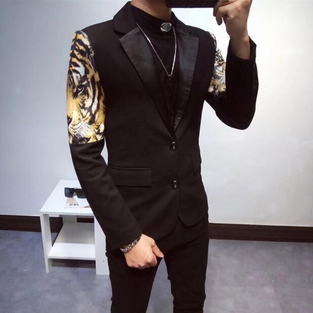 

2020 European and American fashion shows tiger PU matching suit men's casual hair stylist coat club small suit, 11