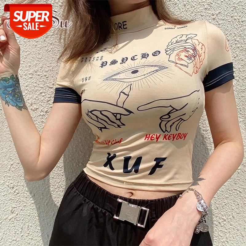 

ArtSu Short Sleeve Harajuku Shirt Women Fashion Casual Tee Shirt Ladies Turtleneck Crop Top T-shirt Femme Summer ASTS21550 #Aw8z, White