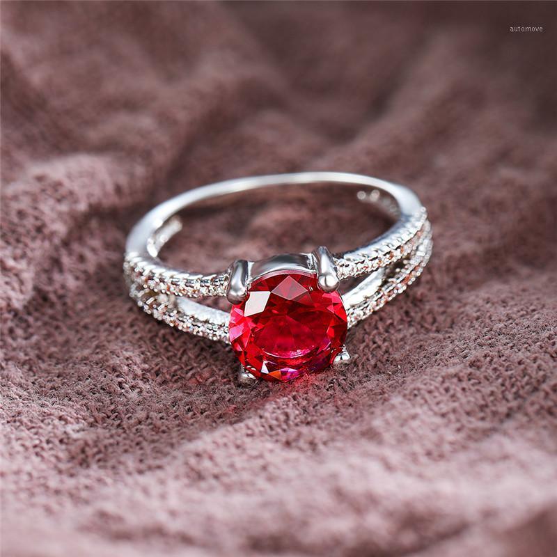 

Charm Female Red Crystal Stone Ring Vintage Silver Color Zircon Wedding Rings For Women Dainty Bridal Round Engagement Ring1