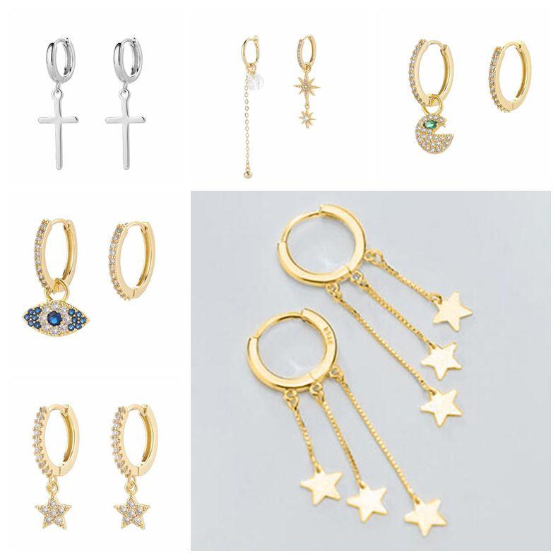 

Real 925 Sterling Sliver Rhinestones Hoop Earrings for Women Delicate Tiny Star Cross Sun Earrings Drop Ear Huggies A30