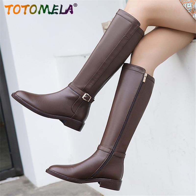 

TOTOMELA 2020 top quality genuine leather shoes women autumn winter riding boots round toe buckle zip knee high boots woman, Brown with fur