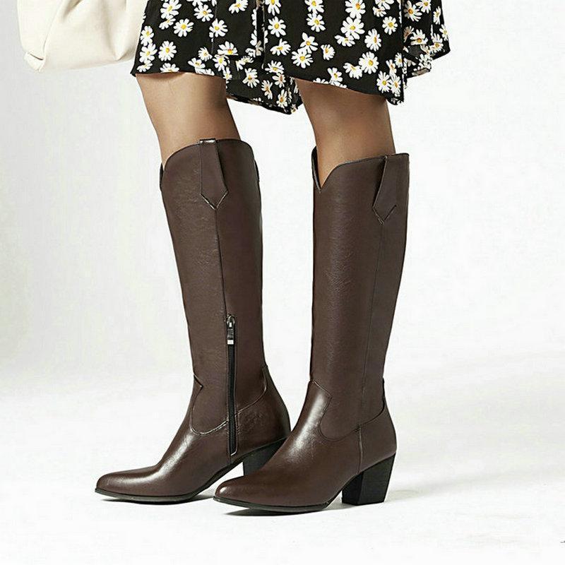 

2020 PU Leather Women Western Boots Fashion Pointed Toe Thick Heel Ladies Knee High Boots Side Zipper Ladies Shoes Big Size 431, Black