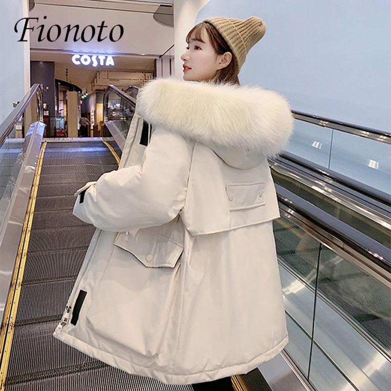 

Fionoto Large Natural Fur Collar Hooded Winter Thick Cotton Warm Jacket 2020 New Women Parkas Female Loose Down Outerwear, Gray