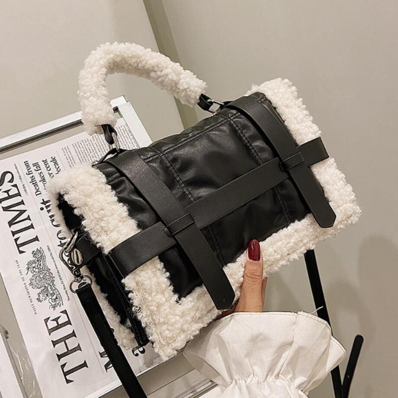 

Evening Bags Contrast Color Plush Tote Bag 2021 Winter Quality PU Leather Women's Designer Handbag Shoulder Messenger