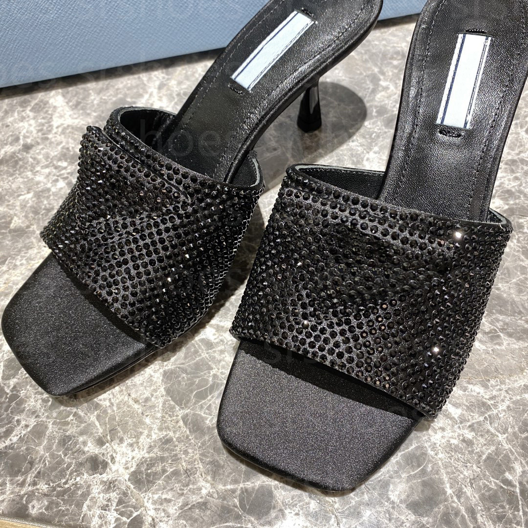 

Designer RHINESTONE Womens Satin upper Slippers Fashion Flat and high-heeled Sandals black clear False crystal Italy P Luxurys lady dress shoes size 35-42, Other